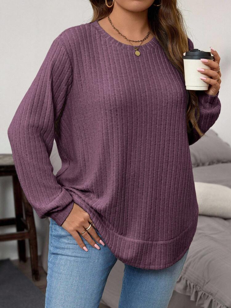 Plus Size Solid Color Crew Neck Ribbed Casual Long Sleeve T-Shirt Plus Size Long Sleeve Top Tops For Women Plus Plus Size Solid Color Ribbed Knit T Shirt Plus Size Casual Tops Plus Size Sweater