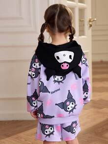 HELLO KITTY AND FRIENDS | SHEIN 2件套年轻女孩可爱卡通全印花拼色连帽衫，带耳朵设计，短裤休闲紫色服装 - 紫色 - 查看 2