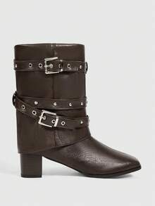 Daringsoles 时尚舒适的高跟法式方头铆钉交叉绑带女士踝靴，圣诞节必备 - 咖啡棕 - 查看 2