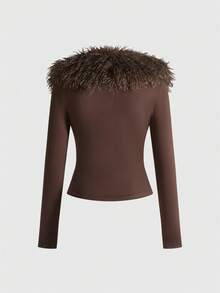 ROMWE Grunge Punk Retro Y2K Babe Style Fuzzy Turtleneck Long Sleeve Top - Coffee Brown - View 2
