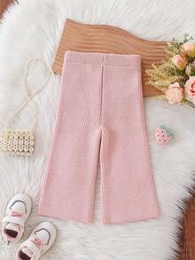 SHEIN Vintaside Kids 女婴针织喇叭裤，舒适休闲长裤，适合秋冬季节，粉色长款喇叭裤型，时尚百搭，适合日常、居家、户外和旅行穿着。
