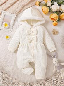 Baby Mädchen einfarbiger flauschiger Kapuzen-Jumpsuit mit 3D-Schleife. Die 3D-Schleife und das flauschige Kapuzendesign sind modisch und süß. Der schmale Schnitt ist für verschiedene Babykörpertypen geeignet. Ob für einen täglichen Ausflug, Spielen im Park oder Entspannen zu Hause, es kann Ihr Baby zur auffallendsten kleinen Prinzessin machen. - Aprikosenfarben - Übersicht 1