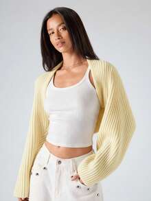 LYSMO 2025新款极简秋季女装简约休闲纯色罗纹针织短款开衫，春秋米色开衫披肩毛衣，适合外出穿，返校穿，毕业穿，街头穿和斯德哥尔摩风格，圣诞节毛衣 - 米色 - 查看 5