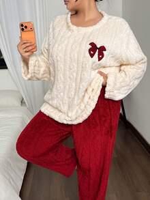 Jacquard Velvet Bow Embroidered Apricot Top And Red Pants, Casual Plus Size Cozy Pajama Set For Indoor And Outdoor Wear, Fluffy Winter Clothes