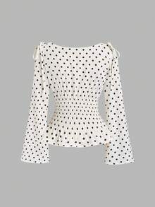 Sweetra New Autumn/Winter French Elegant Fashion Polka Dot Shoulder Bowknot Waist Slimming Casual Commute Versatile Bell Sleeve Women Blouse - Apricot - View 2