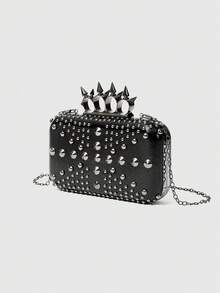 ROMWE Grunge Punk Túi cầm tay dự tiệc dành cho nữ, màu trơn đơn giản với họa tiết đinh tán, thời trang. - Màu đen PU - Xem 2