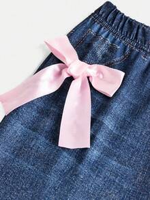 Sweetra Young Girls Bowknot Decor Printed Jeggings & Halter Neck Top 2 Pieces Casual Set - Black - View 5