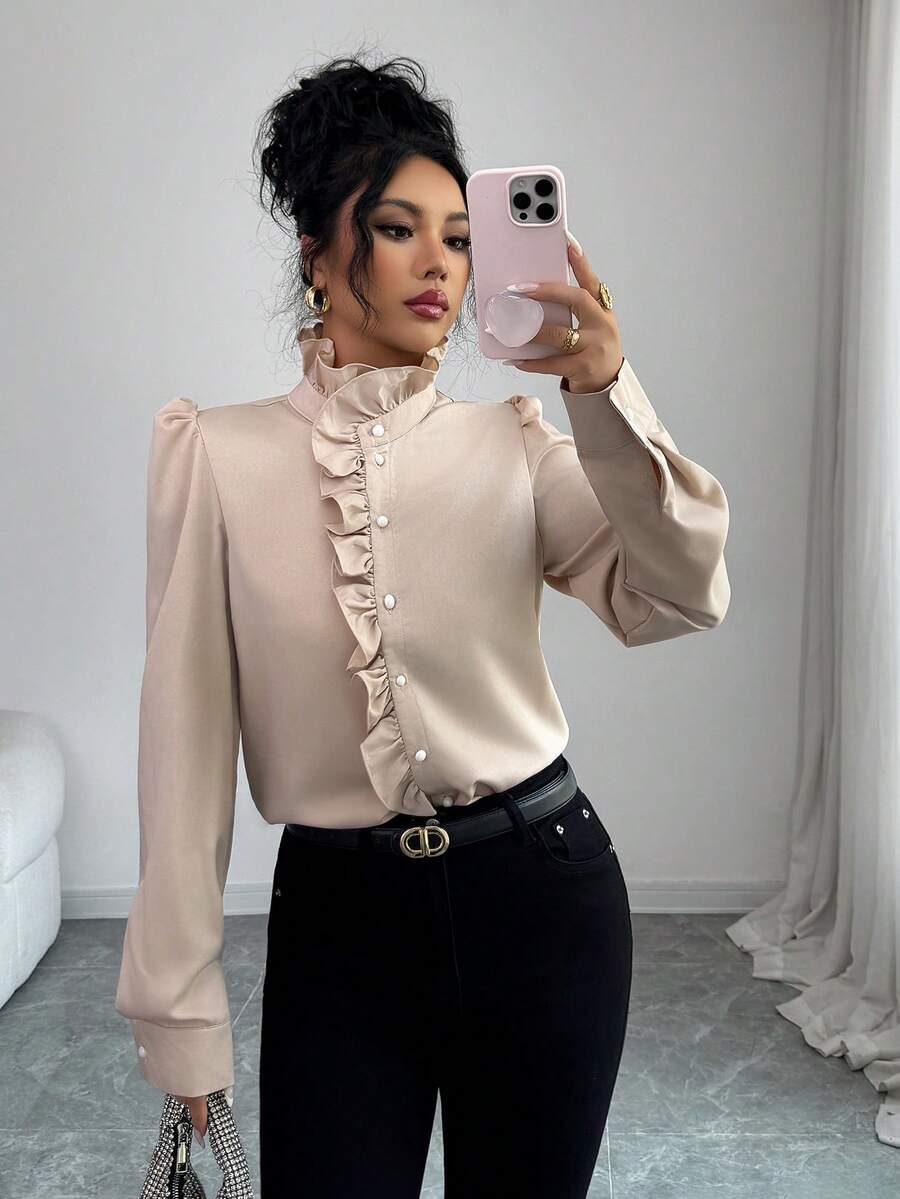 Modelyn Ruffle Trim Puff Sleeve Blouse Women Shirt - Apricot - View 1