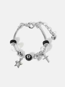 Y2Kool 1 件 8 球台球吊饰可调节手链、1 件星形和十字吊饰手链、1 件豹纹和极简主义吊饰手链、可调节情侣手链 - 銀色 - 查看 2