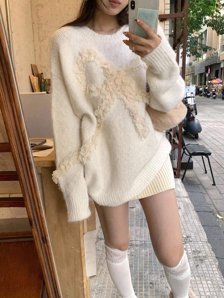 Women's Round Neck Knitted Sweater With 3D Bow Decor, Korean Style Long Sleeve