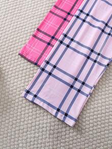 SHEIN 4 件套女童字母印花长袖上衣 + 格子裤休闲家居服套装 - 彩色 - 查看 5