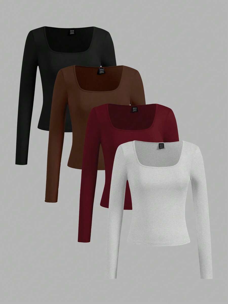 SHEIN EZwear 4件/套 女士休闲圆领T恤，纯色，适合秋冬季节，可叠穿、户外穿着、打底衫 - 彩色 - 查看 1