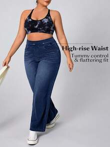 SHEIN CURVE+ Comfortable Plus Size Dark Wash Denim Jeans Straight Leg Long Pants Soft Tummy Control Four Way Stretch
