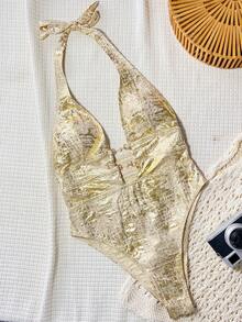 Swim SXY Bonvoyette-D V-Neck Tie-Front Pearl Accent Sexy High Cut Casual Beach Bikini One-Piece Swimsuit, Spring/Summer - Gold - View 3