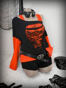 Sunspun Áo thun tay dài in hình đầu lâu 2 trong 1 vai chéo cỡ lớn màu tương phản - Nhiều màu - Xem 3