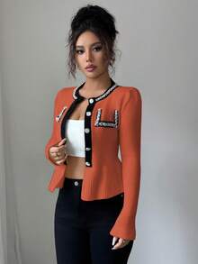 Elenzga Women's Contrast Color Faux Pearl Waist Ruffle Hem Knit Cardigan - Orange - View 3