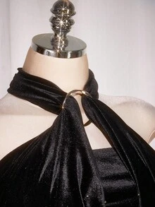 SHEIN ICON Áo hai dây cổ yếm nhung hở lưng cỡ lớn Y2k mùa xuân thu đi chơi Cottagecore thời trang Bohemian ngày lễ gợi cảm, thời trang đơn giản cho nữ, áo hai dây cổ yếm nhung hở lưng kiểu phương Tây cho nữ, áo rave, áo hai dây cổ yếm nhung dự tiệc - màu đen - Xem 9