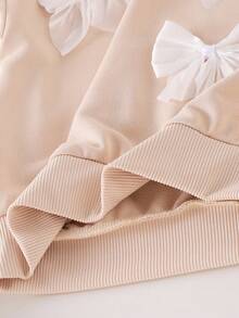 Elladie kids 两件套女童浅杏色蝴蝶结卫衣上衣和裤子套装，秋冬季，儿童时尚卡通可爱女童服装 - 卡其色 - 查看 8