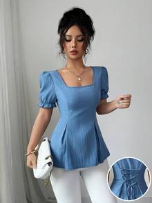 Elenzga Women Square Neck Cinched Waist A-Line Blouse - Blue - View 4
