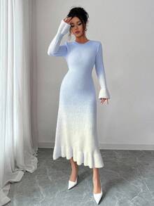 Selianne Vestido de punto midi elegante con cuello redondo, diseño único degradado, volantes en el bajo y los puños, para mujer, versátil para citas y uso diario, nuevo para otoño/invierno - Azul - Ver 7