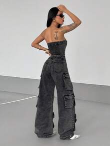 StreetHx 女式纯色前扣吊带背心连体裤，时尚实用牛仔连体衣