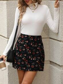 SHEIN PETITE 秋冬女士休闲百搭通勤灯芯绒印花修身迷你裙 - 黑色 - 查看 4