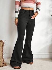 EMERY ROSE Women's Casual Washed Slim Fit Flare Leg Jeans Flared Jeans For Women Black Flared Pants Wide Leg Jeans, Tall Women - Black - View 5
