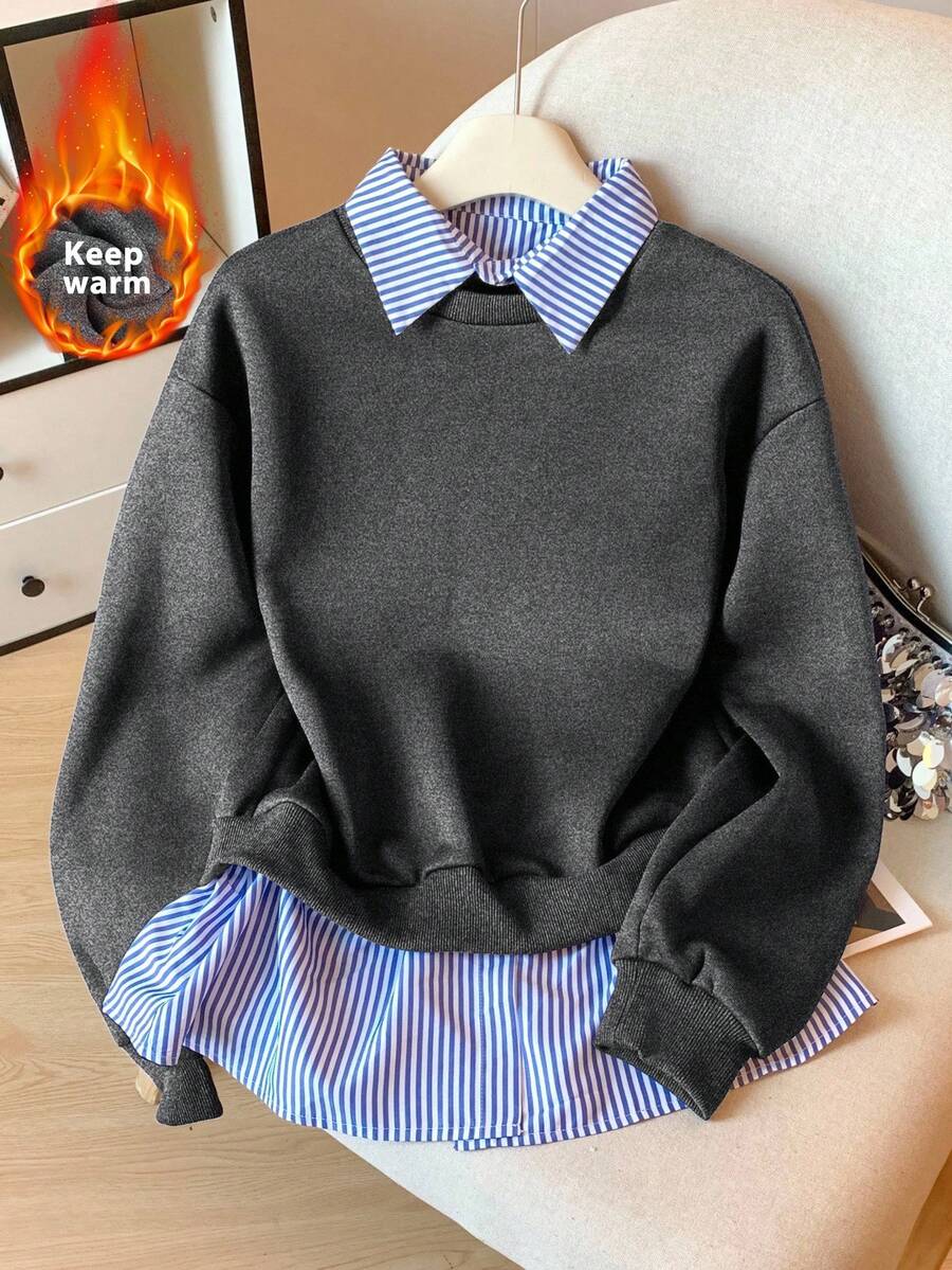 Modelyn Striped Patchwork 2 In 1 Long Sleeve Elegant & Fashionable Women Sweatshirt - Grey - View 1