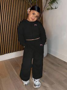 年轻女孩休闲灰色针织连帽运动衫运动衫和抽绳运动裤套装 - 黑色 - 查看 3