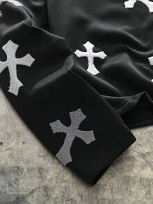 AXEPEAK 男士布料十字绣植绒T恤，适合秋冬季节穿着，长袖上衣 - 黑色 - 查看 2