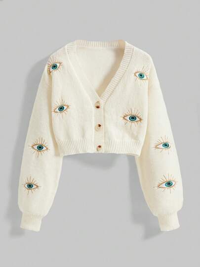 Hippie Women's Vintage Embroidered Eye Totem Long Sleeve Knitted Cardigan, Autumn/Winter