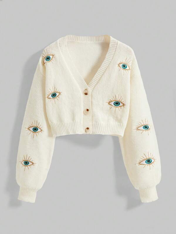 ROMWE Hippie Cárdigan de punto de manga larga con bordado de ojo vintage para mujer, otoño/invierno