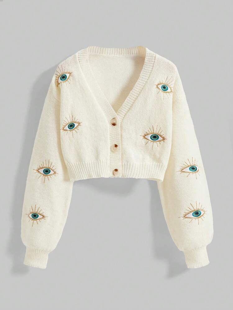 ROMWE Hippie Cárdigan de punto de manga larga con bordado de ojo vintage para mujer, otoño/invierno - Albaricoque - Añade 1