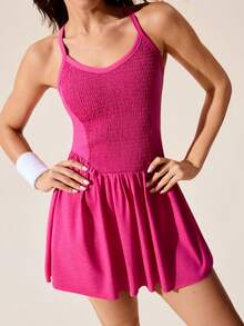 CourtClass Váy hở lưng xếp ly lưng thun co giãn cho nữ kèm quần short, váy tennis thể thao thường ngày để mặc hàng ngày - Màu Hồng Tươi - Xem 3