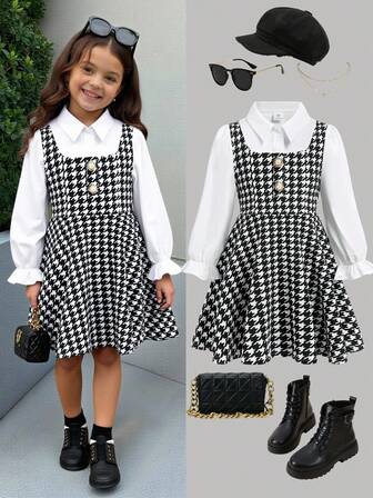 Firerie Kids 优雅学院风黑白撞色领灯笼袖二合一连衣裙千鸟格面料秋季连衣裙白色长袖连衣裙修身休闲简约舒适立领泡泡袖拼色连衣裙