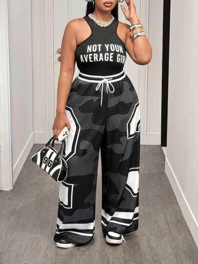 Slaydiva New Summer Casual Screenshots Sexy Sports Style Ball Suit Round Neck I-Shaped Vest Slogan Logo White Letter Print Truncated Red Vest + Wide-Leg Pants Trousers 23 Numbers Red Camouflage Striped Pr