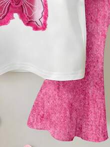 2 件套女婴休闲牛仔外观蝴蝶结印花短袖圆领 T 恤和喇叭裤套装，适合日常穿着，舒适，适合所有季节 - 彩色 - 查看 5