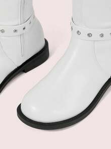 CUCCOO DOLLMOD 女式中筒靴，圆头金属扣，时尚经典百搭 - 白色 - 查看 8