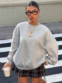 Muchica 女式樱花印花简约日常吊带背心、圆领长袖运动衫、秋冬长袖上衣 - 灰色 - 查看 3