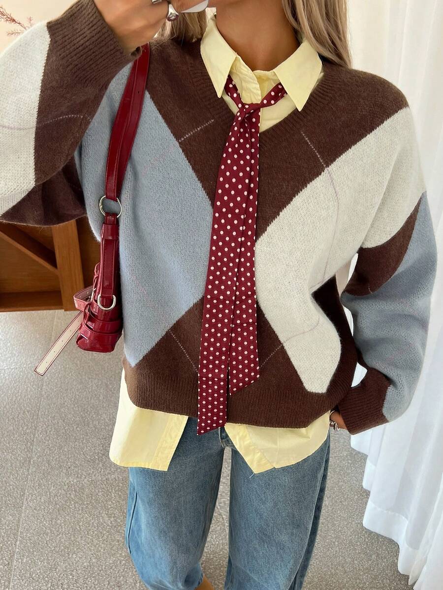 DAZY Plaid Loose Fit Long Sleeve Crew Neck Sweater For Women - Brown - View 1