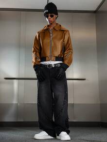 Manfinity EMRG Men's Long Sleeve Jacket Leather Street Style Ins Versatile Retro American Casual Jacket, Zipper Design Couple Matching, Autumn/Winter Leather Jacket - Brown - View 4