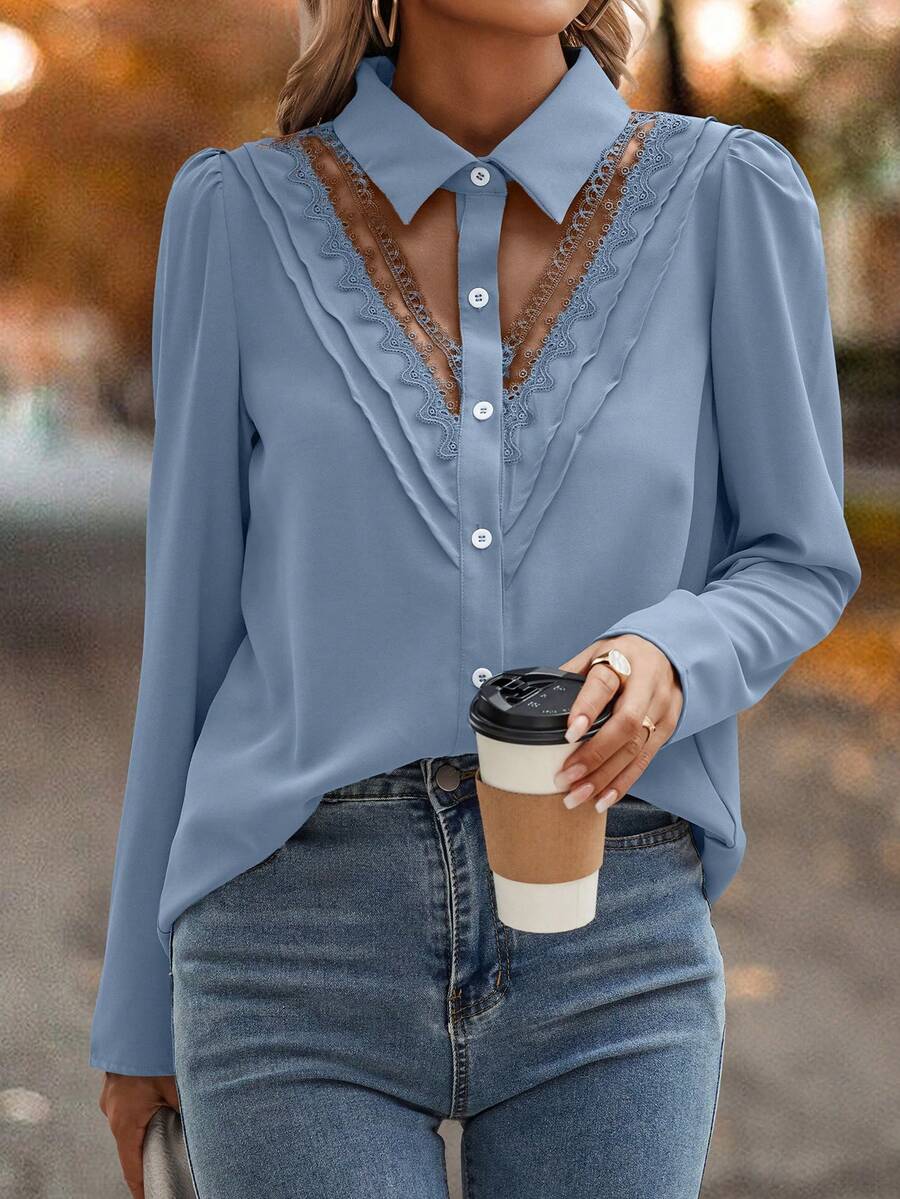 SHEIN LUNE 女式撞色蕾丝纽扣前衬衫黑色衬衫 - 霧霾藍 - 查看 1
