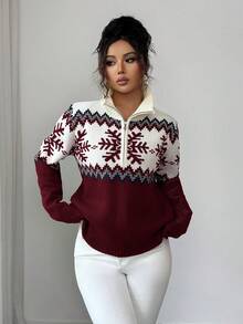 SHEIN Elenzya 优雅女士费尔岛图案拼色拉链毛衣，圣诞节设计，秋冬 - 酒紅色 - 查看 6