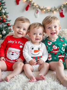 SHEIN 3件套男婴圣诞套装，可爱圣诞老人和雪人印花长袖连体衣，适合居家、休闲、节日派对穿着 - 彩色 - 查看 1