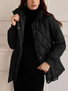 GENKIRA 优雅枣红色绗缝波浪图案立领收腰女士棉服外套，百搭 - 黑色 - 查看 4