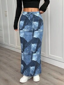 SHEIN PETITE 女式休闲拼布印花牛仔迷你裙 四季休闲度假装 牛仔风格拼布设计水洗针织牛仔裙 - 中等水洗藍 - 查看 5