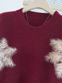 Franclia 女式宽松落肩长袖雪花圣诞针织毛衣，秋冬 - 酒紅色 - 查看 4