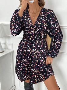 SHEIN Frenchy 女士休闲灯笼袖印花连衣裙，秋季 - 黑色 - 查看 5