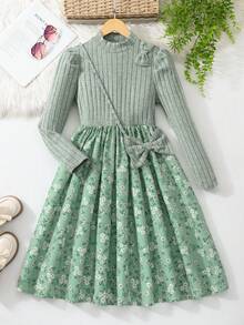 SHEIN Girls' Elegant Casual Ditsy Floral Textured Knit Patchwork Outdoor Dress - Green - View 7