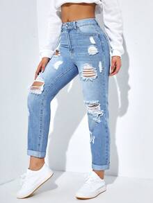 EMERY ROSE Quần jean lửng cạp cao rách túi thường ngày cho nữ - Rửa nhẹ - Xem 5